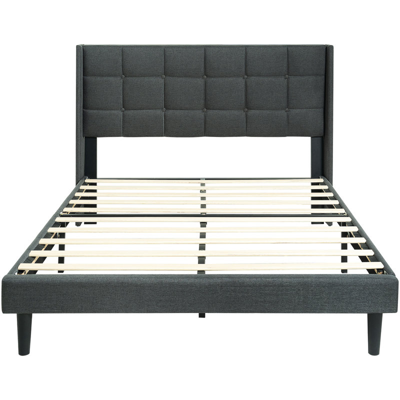 Structure de lit grand tapissier gris foncé - Tissu de lin moderne avec tête de lit à boutons, aucun sommier requis, support à lattes de bois, plateforme facile à assembler, capacité de charge de 600 lb