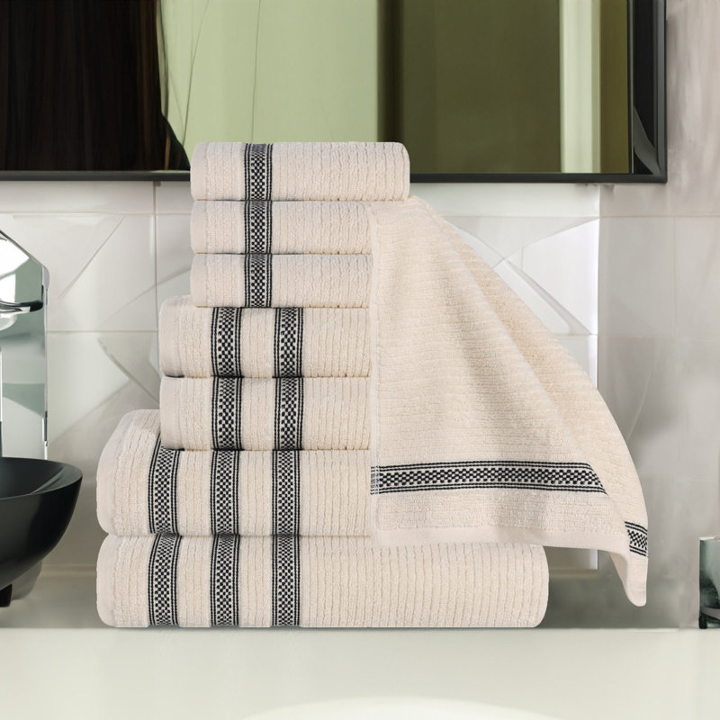 Ensemble de 8 serviettes de bain en coton côtelé zéro torsion avec bordure géométrique, Ivoire ivoire