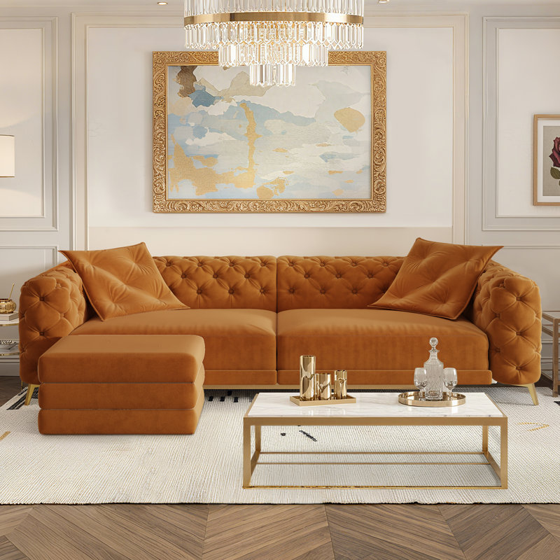 97.7" Pull-Out Sofa Bed, Velvet Convertible Sleeper Couch Bed Chesterfield Sofa With 2 Pillows and Removable Ottoman, Orange