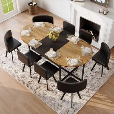 Ensemble de table de salle à manger ovale 9 pièces avec plateau de table en grain de bois bicolore et 8 chaises en cuir de polyuréthane noir foncé, 8 places, style industriel moderne