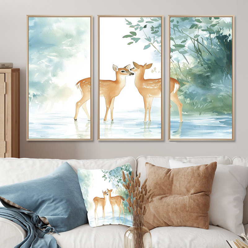 Ensemble de salon Deer By The River II - Deer Wall Art, Natural, Reproduction avec cadre flottant, 28" H x 36" W