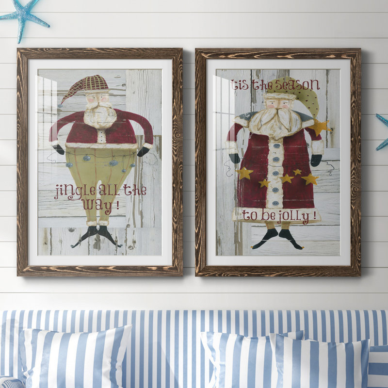 Jingle Santa - ensemble de 2 reproductions, H 44 po x l 31 po x P 1 po, Papier, cadre noyer, Blanc