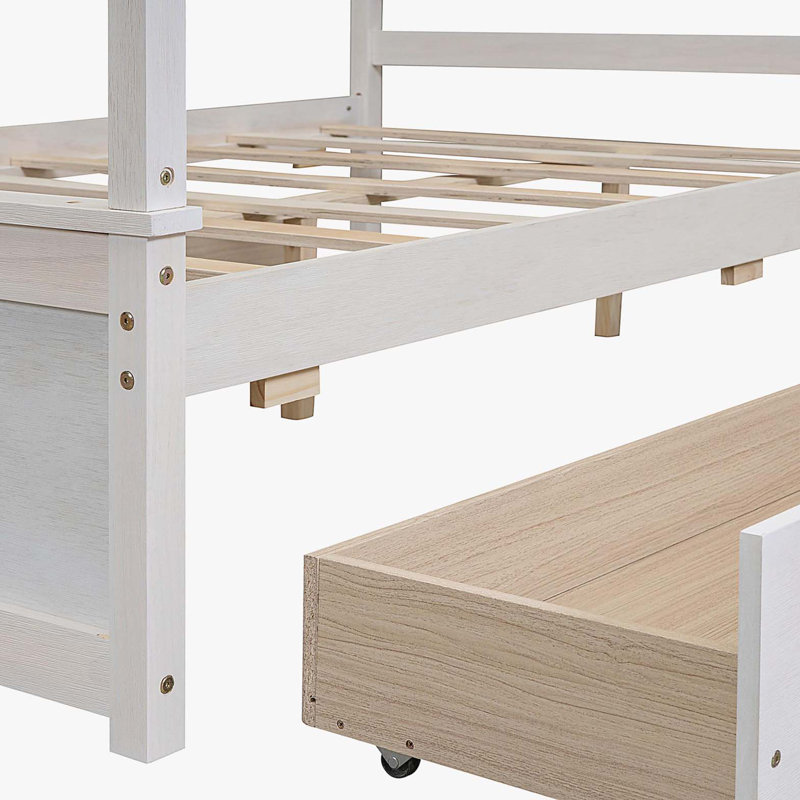 Wood Canopy Bed with four Drawers ,Full Size Canopy Platform Bed With Support Slats .No Box Spring Needed, Brushed White