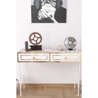 Wood Base Console Table With Metal Legs In White, 45.67 In. Deep, 14.2 Wide, 34.65 High White & Base, D X W H