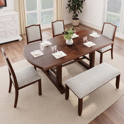 6-Piece Dining Table Set, 59 To 77 Inch Extendable Wood Dining Table With Removable Leaf, 4 Upholstered Side Chair And Bench