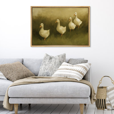 «Marching Ducks», reproduction d'art sur toile - décor de peinture animalière champêtre fantaisiste pour la cuisine ou la chambre de bébé