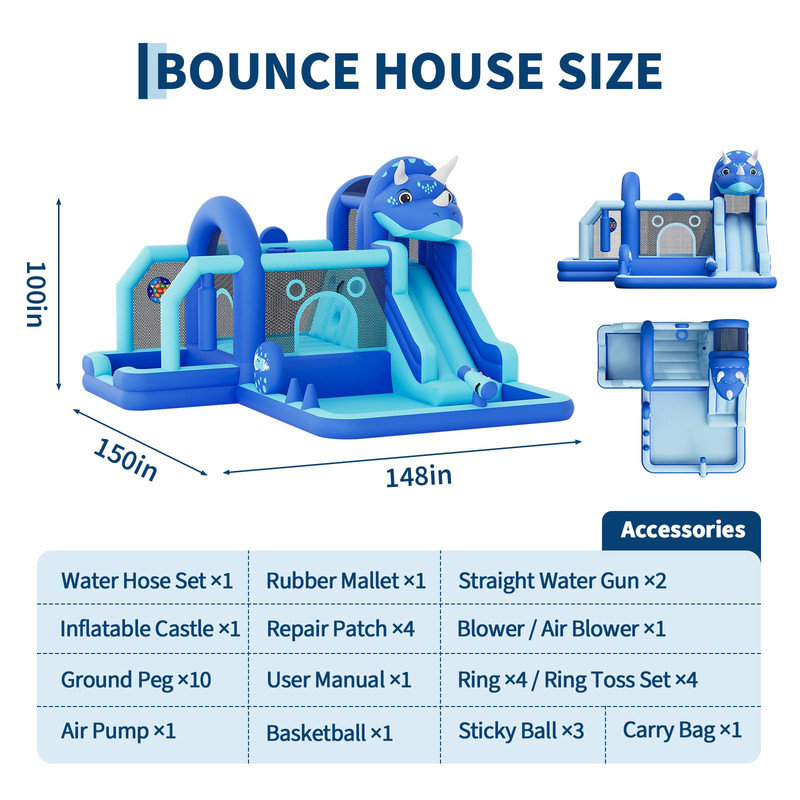 Jeu gonflable Dinosaur avec ventilateur - glissade, trampoline et mur d'escalade pour les enfants de 3 à 10 ans