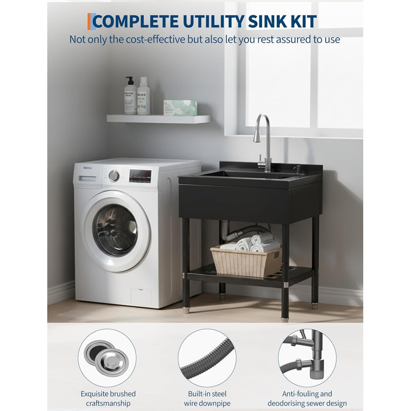 Évier utilitaire en acier inoxydable avec robinet d'eau chaude et froide, ensemble de drain et tuyaux inclus - Robuste pour évier