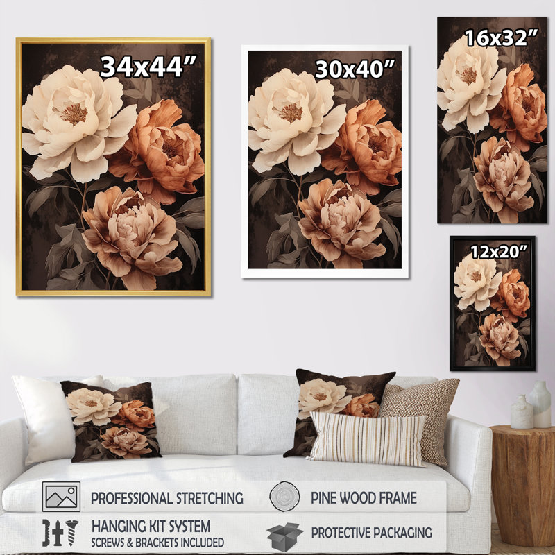 Pivoines botaniques rétro dévoilées II sur toile, Cadre flottant doré, H 20 po x l 12 po x P 1 po