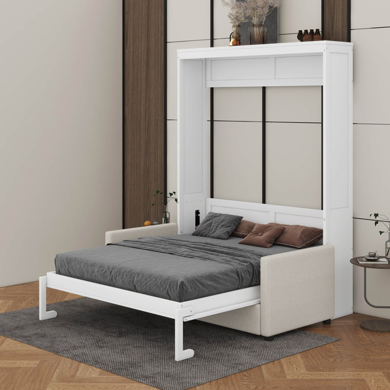 Full Size Murphy Bed Wall Bed With Cushion, White, Full / Double