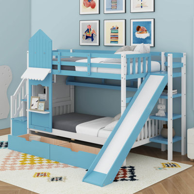 Twin-Over-Twin Castle Style Bunk Bed With 2 Drawers, 3 Shelves And Slide
