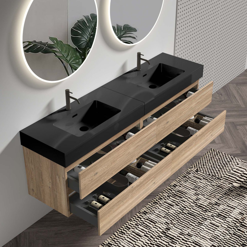 Meuble-lavabo mural 72 po (36 po * 2) avec lavabo à quartz et tiroirs, KD, Chêne, 72", Noir