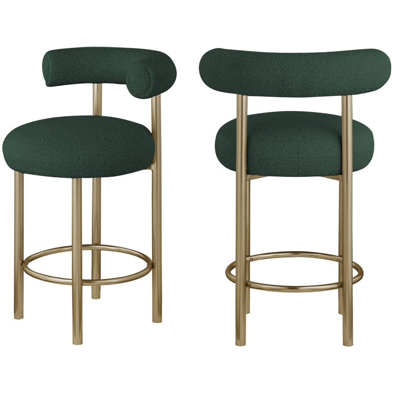 Hurlston Upholstered Counter Stool with Metal Frame, Green Boucle Fabric