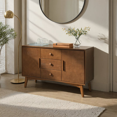 Buffet 47,3 "Mid-Century avec 2 portes et 3 tiroirs - Console de rangement en bois pour salle à manger et salon, noyer