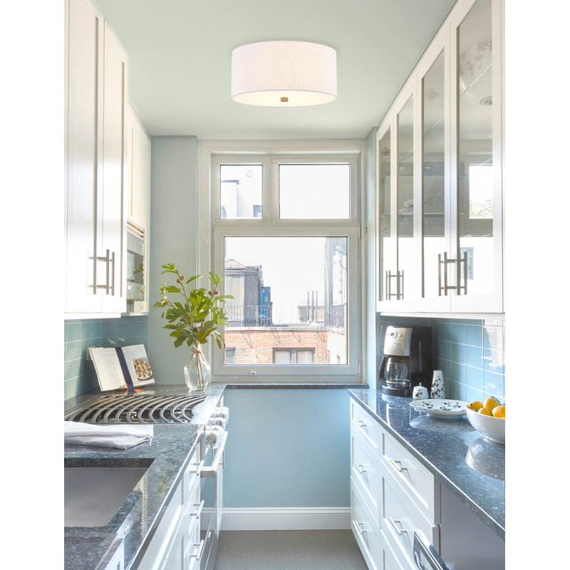 Textile - Classic Drum Flush-Mount - Linen Fabric Shade - 14"D x 14"W x 6.75"H, Brushed Brass, White