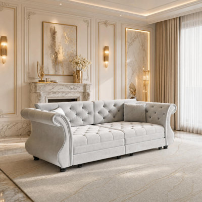 Canapé-lit Chesterfield en velours avec capitonnage floral et accoudoirs roulés