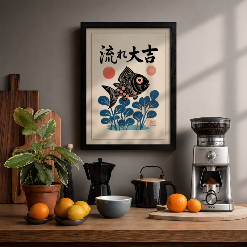 Koi and Flowering Stream Japandi - Framed Print, A4 - 29.7 x 21.0 cm, Black