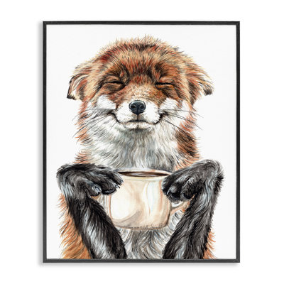 Happy Fox With Coffee Framed On Wood by Holly Simental Graphic Art