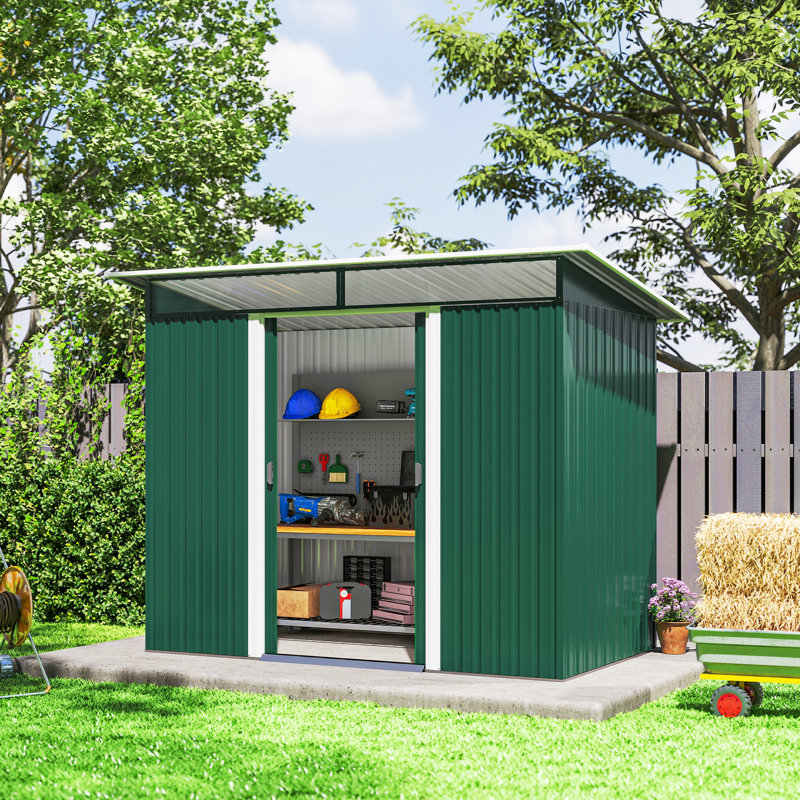 Abrian 8.5 x 4ft Metal Shed with Lightsky Panels Double Doors, Green