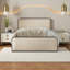Structure de lit moderne très grand en métal beige avec tête de lit tapissier incurvée et rangement sous le lit-428735343-428735341