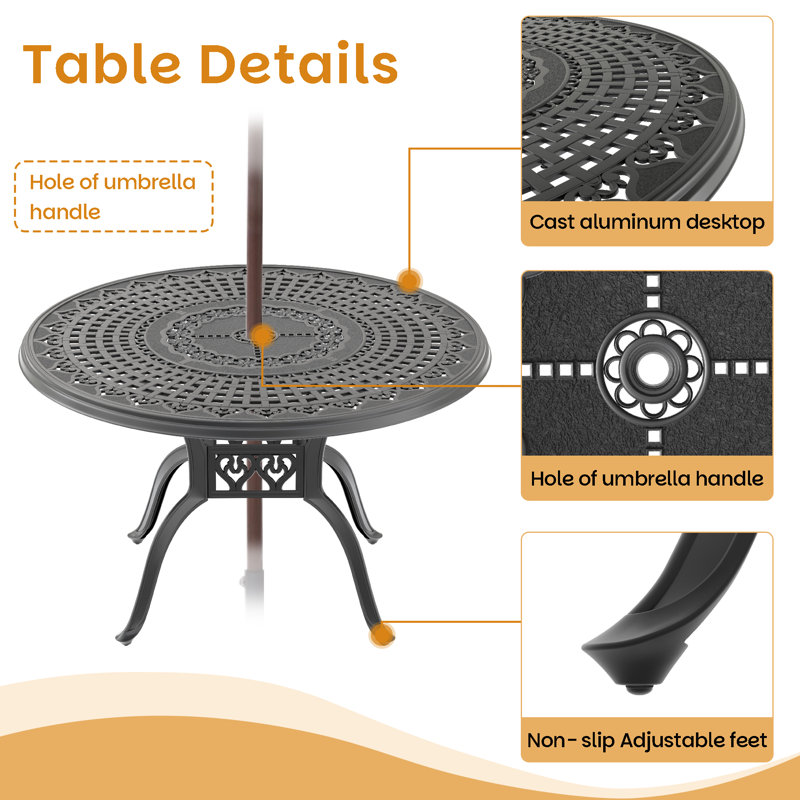 5-Piece 47.24" Round Outdoor Dining Set with Umbrella Hole, 4 Dining Chairs, 15.35" Seat Width