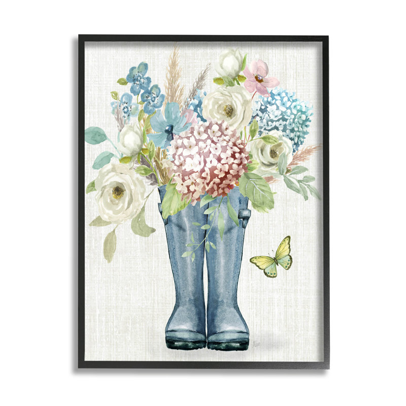 Bottes de pluie, bouquet de fleurs, estampe numérique par Nan, Giclée encadrée noir minuit, H 14 po x l 11 po x P 1,5 po