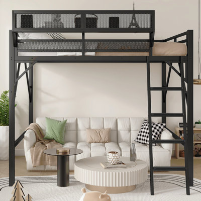 Grand lit mezzanine avec échelle, grand lit mezzanine en métal avec tablettes de rangement, lit mezzanine pour enfants