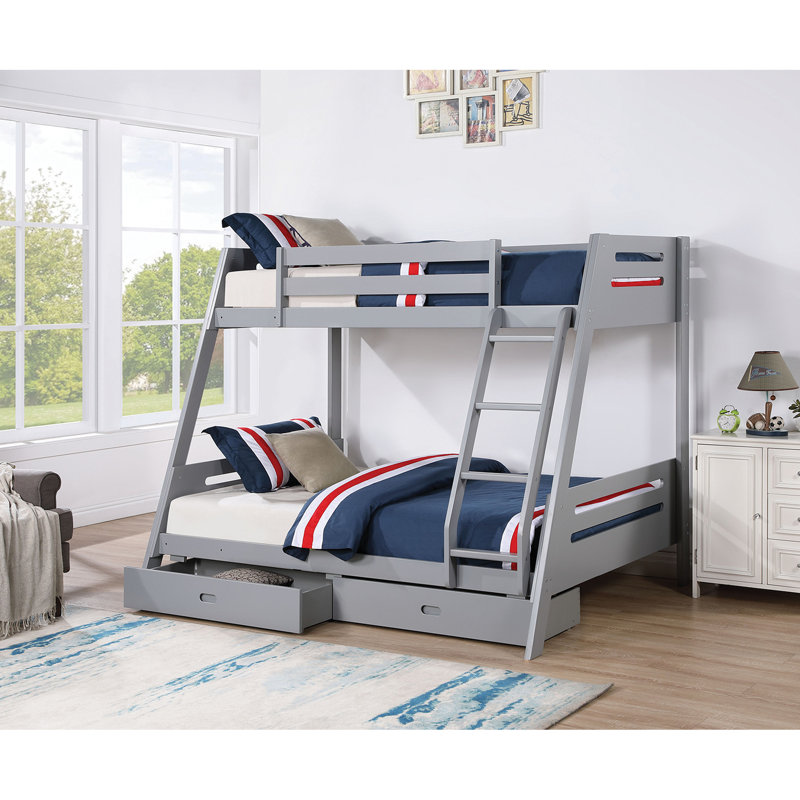 Lit superposé simple au-dessus d'un lit double transitionnel en bois massif gris, réversible, 2 tiroirs sous le lit, articulation et verrouillage, conception à lattes pour un sommeil confortable et paisible