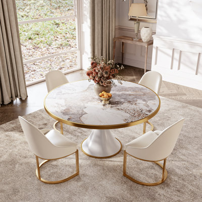 Modern White Round Stone Dining Table Set