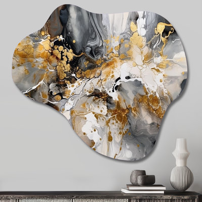 Grey Gold Delicate Abstract Brushstrokes IV - Marble Cloud Metal Wall Art, Grey Asymmetrical Metal Art Print