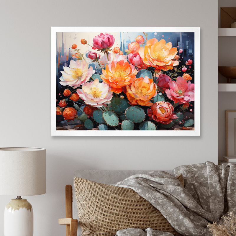 Acrylique multicolore I Peach - Représentation de cactus vert pêche, H 30 po x l 40 po x P 1,5 po, Toile tendue