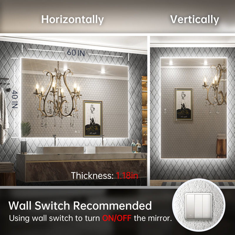 Adorna Dimmable Backlit LED Vanity Mirror with Anti-Fog, 40" x 60"