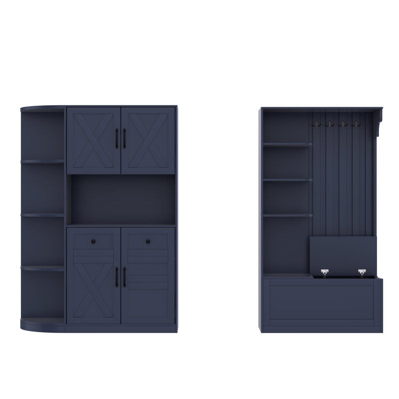 Multifunctional Left-Right Hall Cabinet with Storage & 4 Hooks, 2-in-1 Hall Tree for Living Room, Kitchen & Hallway, antique blue