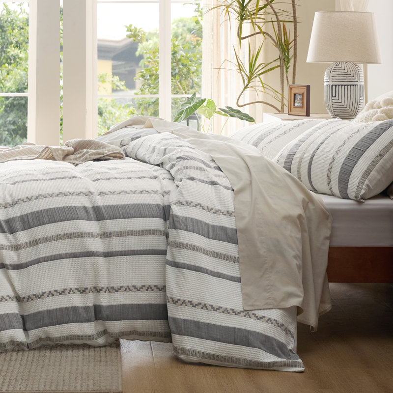 Housse de couette 100% coton bohème, Housse de couette pour très grand lit + 2 taies d, Strip White
