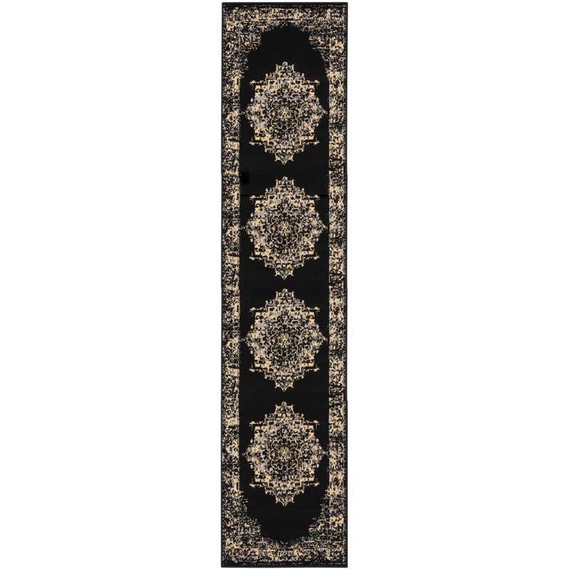 Burnie Oriental Black/Cream Area Rug, Runner 2'3" x 12'