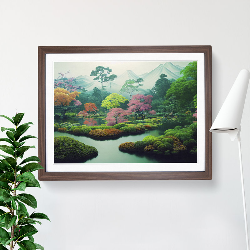 Japanese Garden - Single Picture Frame Print, 46cm H x 64cm W x 2cm D, Walnut