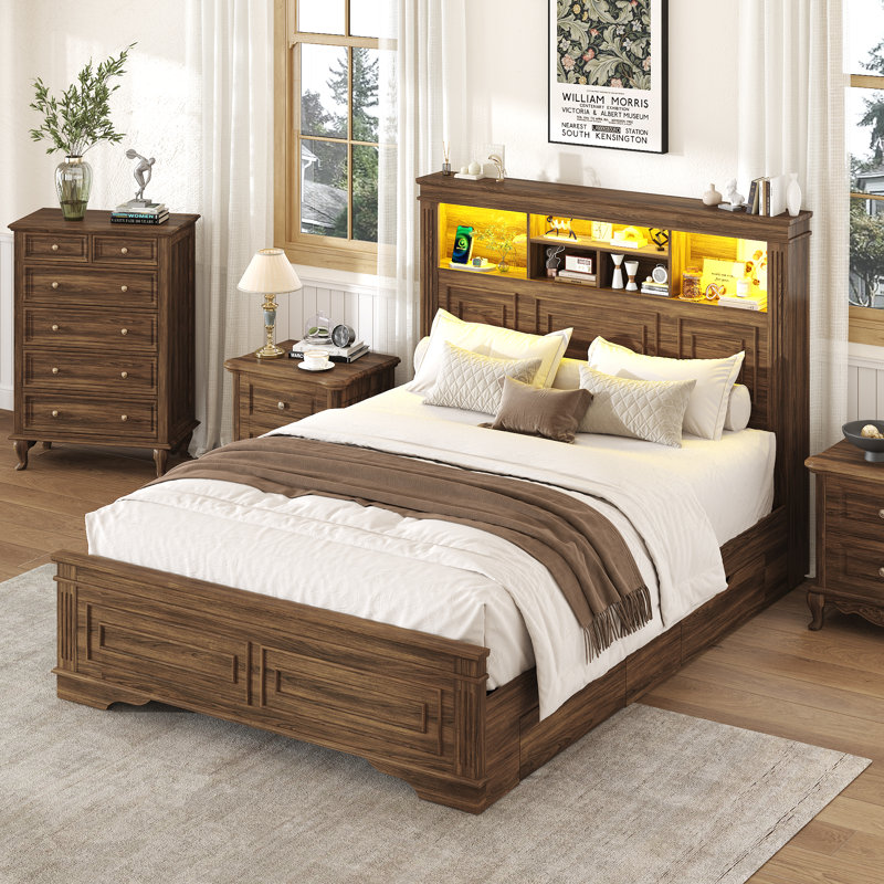 Farmhouse Queen Size Bed Frame With 51" Tall Storage Headboard & 4 Drawers, Wooden Queen Bed Frame with LED Light, Charging Station, No Spring Needed