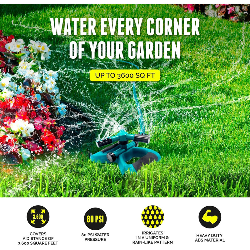 Arroseur rotatif pour jardin et jardin GrowGreenBrands, arroseur d'eau en plastique ABS robuste, grande surface avec jet réglable, vert