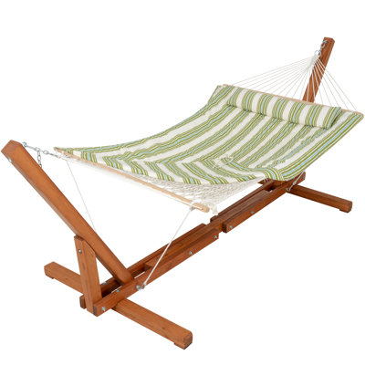 Hamac en corde avec support de hamac en bois réglable de 12 à 14 pieds et coussin amovible