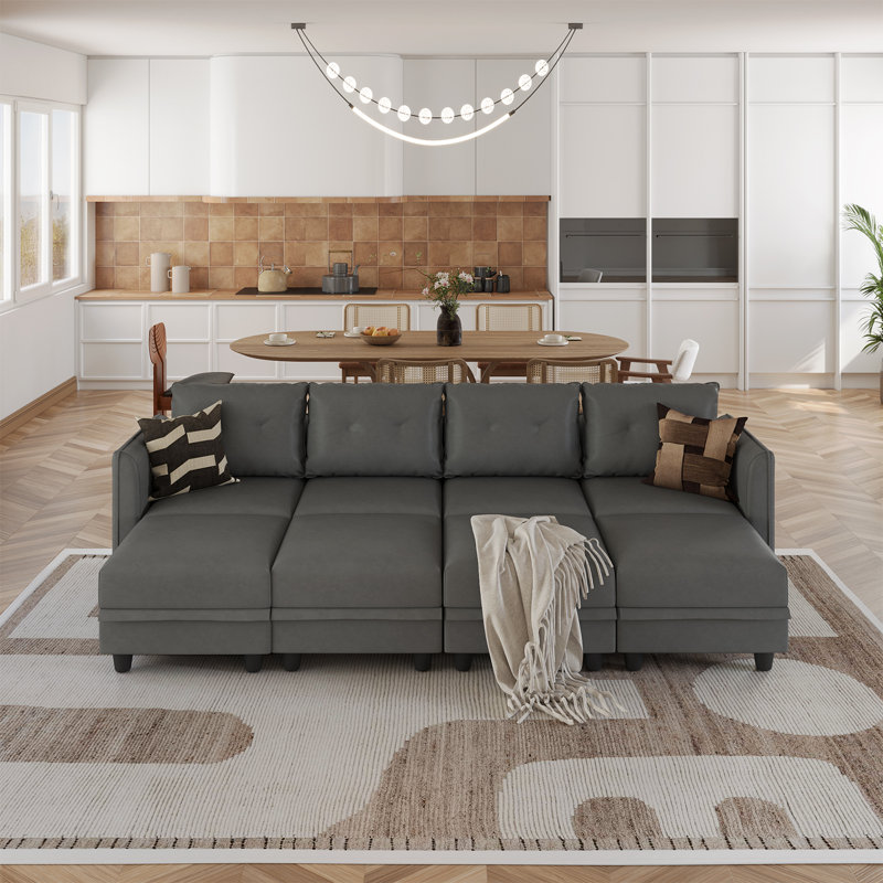 Canapé modulaire rembourré avec repose-pieds Zendajas, Mélange de polyester gris