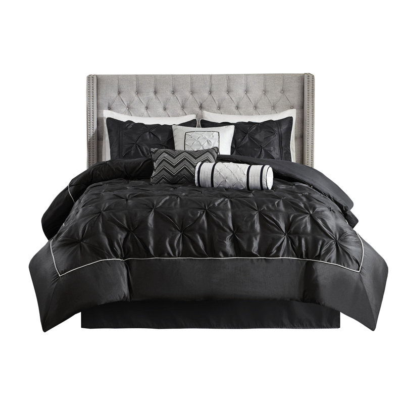 Édredon 7 pièces noir pour lit très grand - 100% tissu 2 taies décoratives, 3 coussins, 1 édredon, garniture de jupe, Black