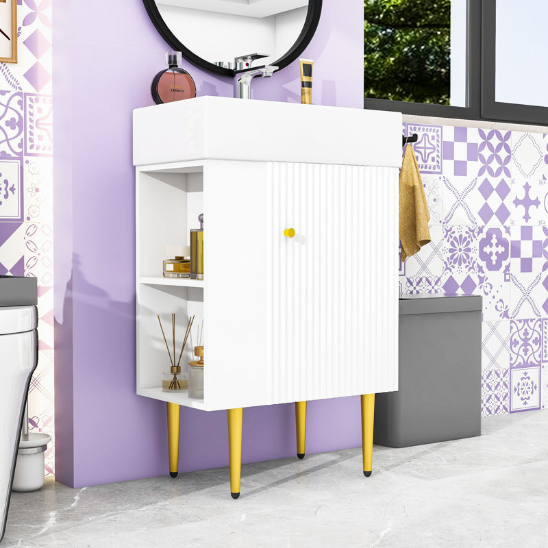 Meuble-lavabo de salle de bain avec meuble de rangement et lavabo en céramique, Blanc