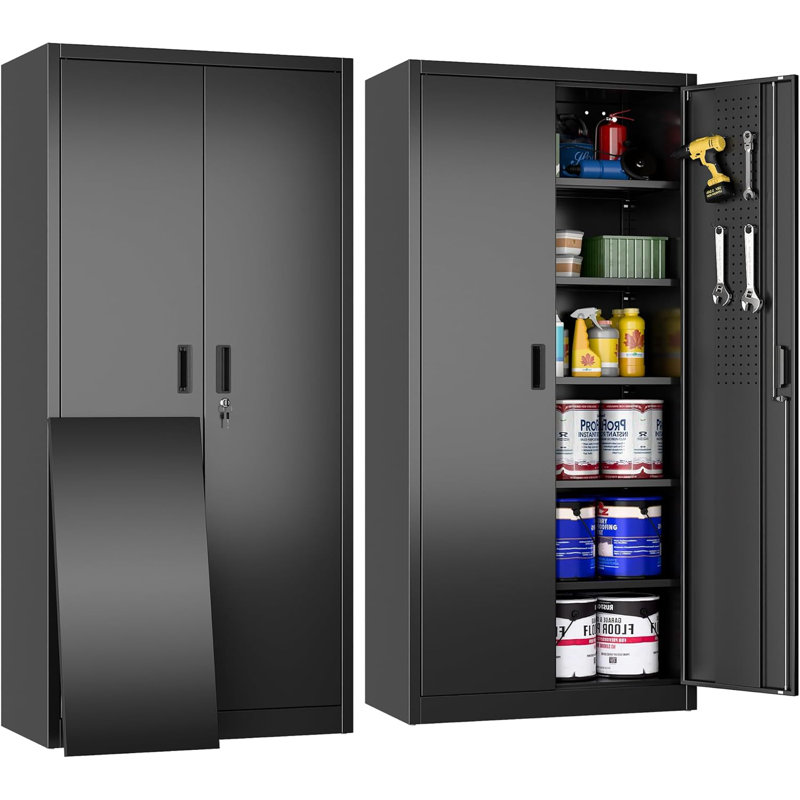 Armoire de rangement en métal avec 5 tablettes réglables et panneau perforé, armoire de rangement de garage avec portes verrouillables pour le garage, le bureau, la maison, la salle de sport, l'école, le classeur verrouillable, noir