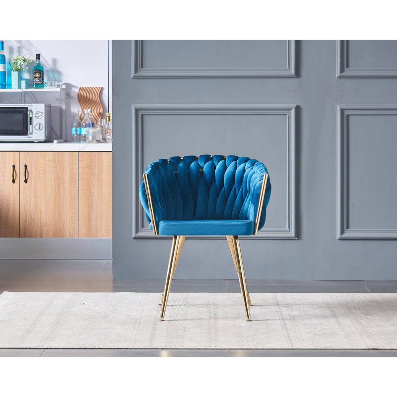 Single Velvet Upholstered Dining Chair | Arm Chair | Metal Legs, Blue, 2