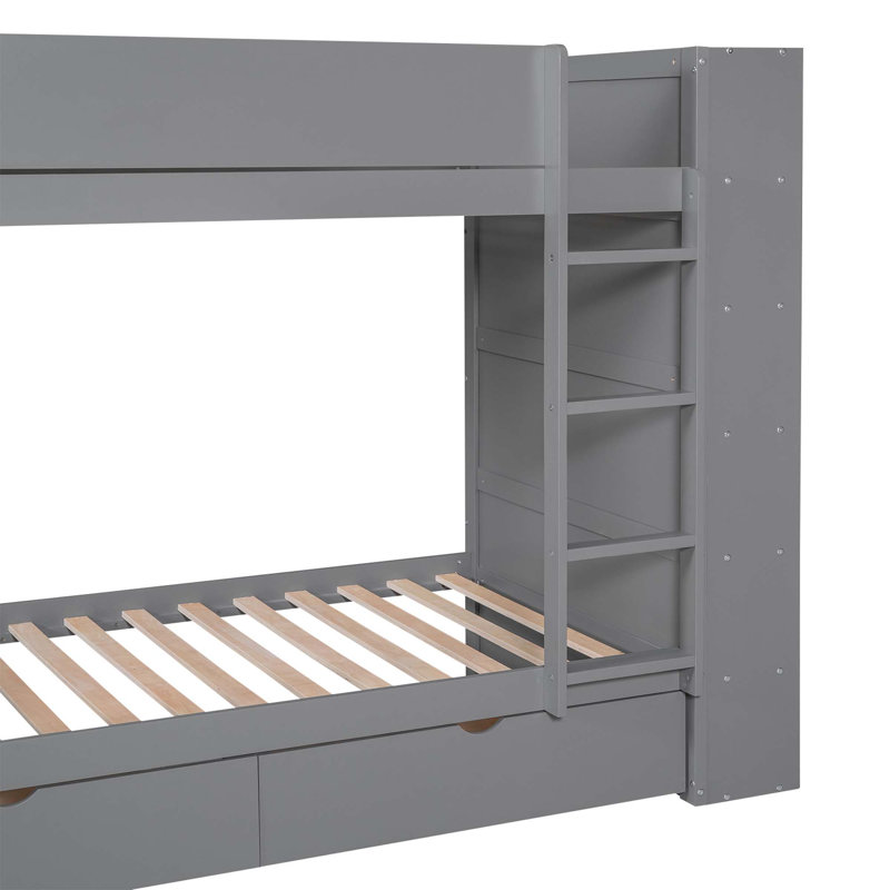 Lit superposé avec 2 tiroirs et armoire à couches multiples, Gris, Lit simple