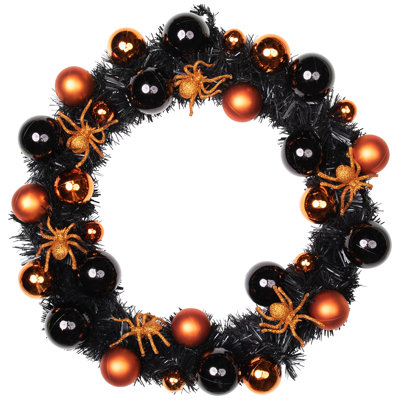 Orange Spiders And Ornaments Halloween Wreath  18-Inch  Unlit