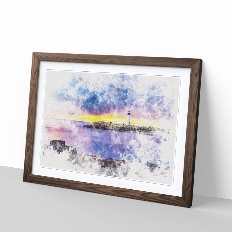Remote Lighthouse and Seascape - Picture Frame Painting Print, 45cm H x 63cm W x 2cm D, Walnut Framed