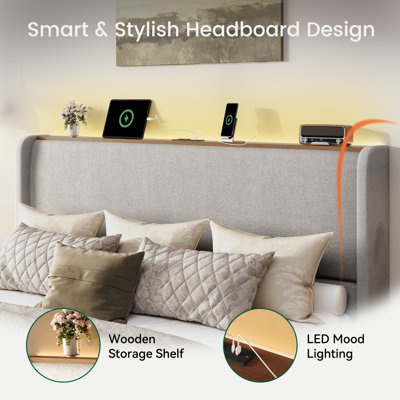 Linen Upholstered Platform Bed Frame With Led Lights And Charging Station, Tall Wingback Headboard And Storage Shelf