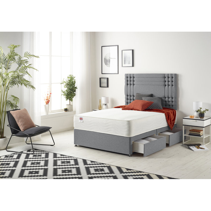 Dennishia Sprung Memory Foam Divan Bed Set with Headboard, Double (4'6), Charcoal, 2 Drawers