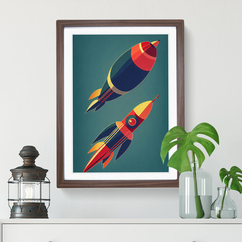 Retro Spaceship Rockets - Framed Print, 34cm H x 25cm W x 2cm D, Brown Framed